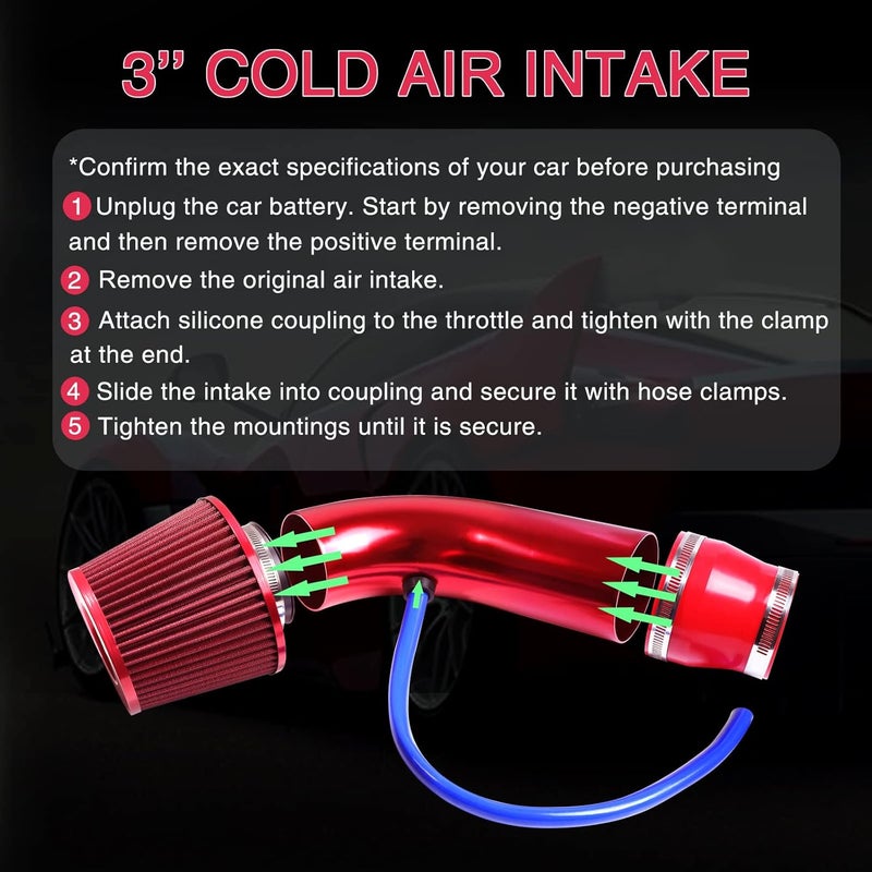 AICARS 3 Inch Universal Cold Intake Pipe Induction High Flow Pipe Kit (Red) - Image 4